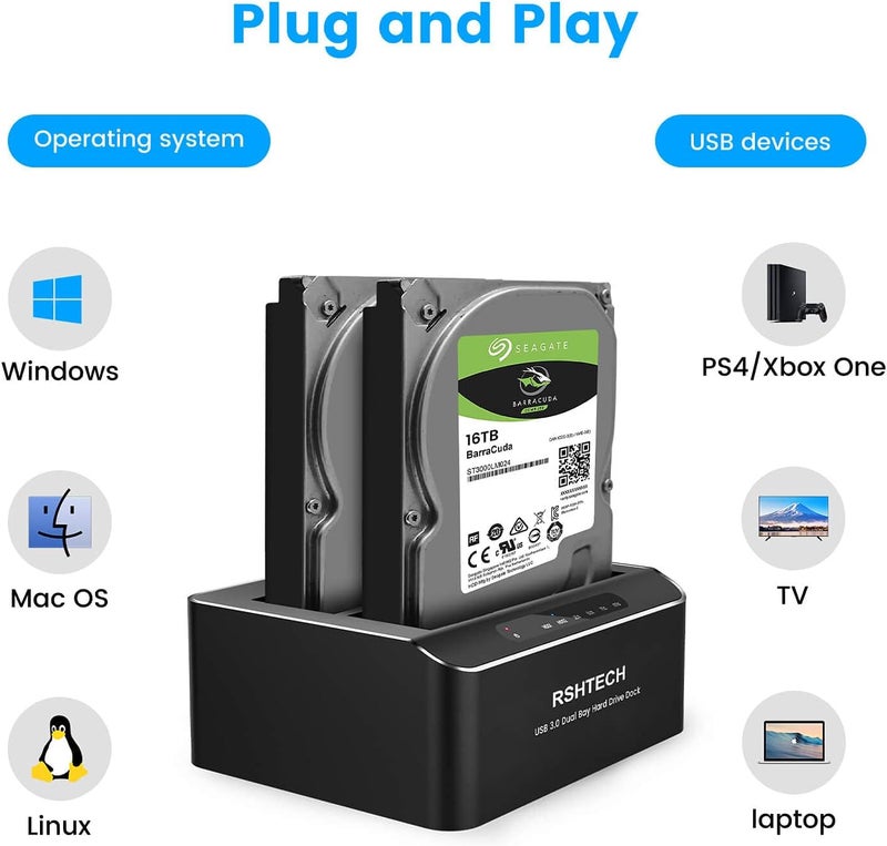 Rshtech Hard Drive Dock, Aluminum USB 3.0 to SATA Dual Bay External Hard Drive Docking Station for 2.5 & 3.5 inch SATA HDD SSD with Offline Clone/Duplicator Function, Support UASP & 2x16TB (RSH-DS01) - Image 4